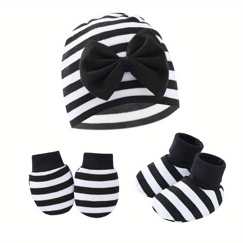 Newborn Baby Set: Hat with Bow, Mittens, Non-Slip Socks
