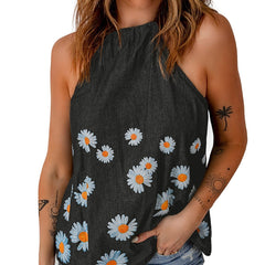 Daisy Floral Print Denim Tank Tops Sleeveless High Round Neck Casual Denim Tops