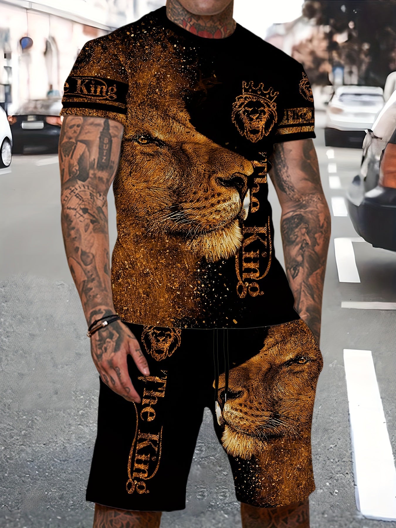 Lion 3d Pattern Mens 2 Piece Outfits Short Sleeve T shirt And Shorts Set