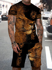 Lion 3d Pattern Mens 2 Piece Outfits Short Sleeve T shirt And Shorts Set