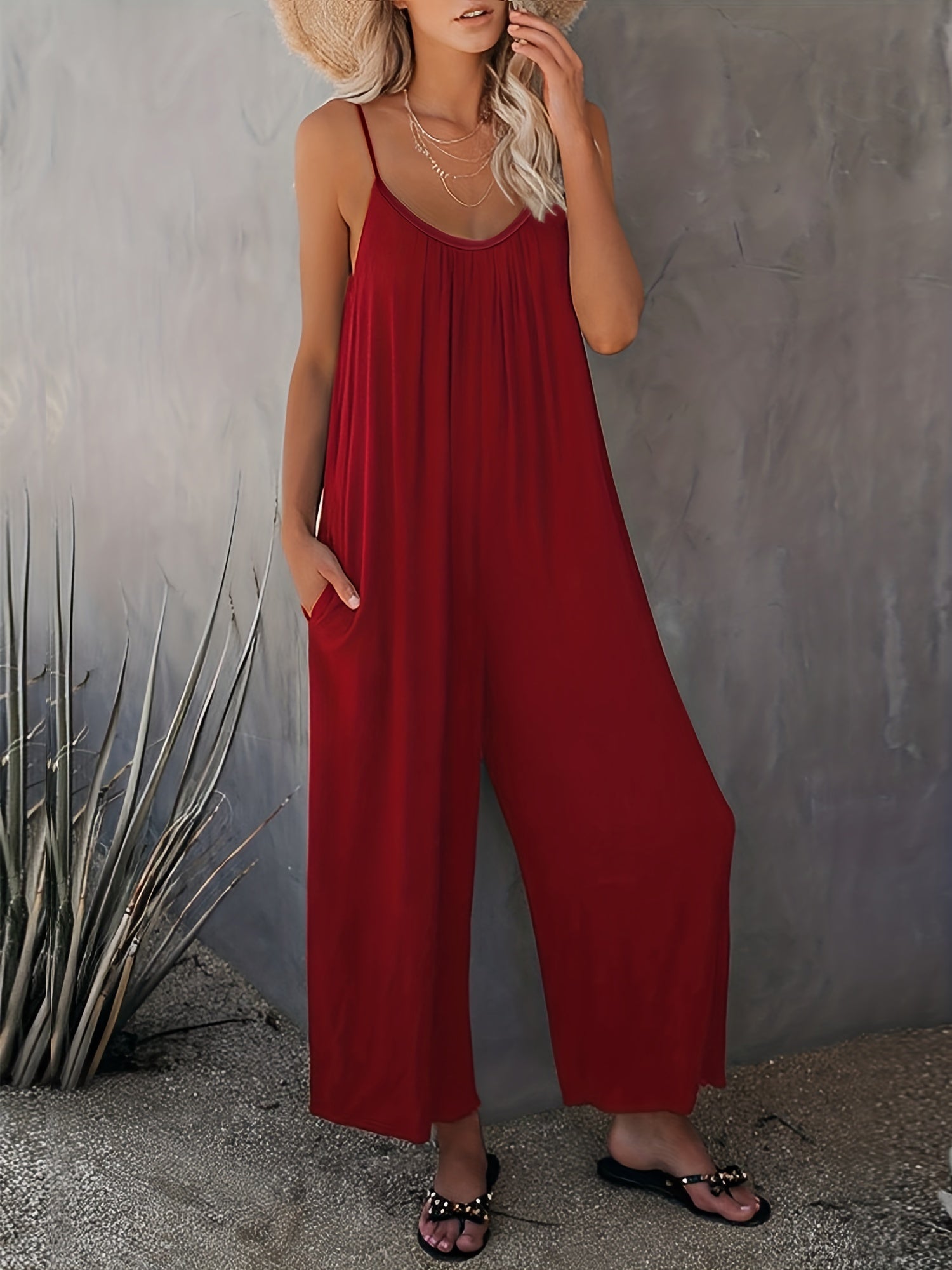 Solid Ruched Spaghetti Strap Jumpsuit