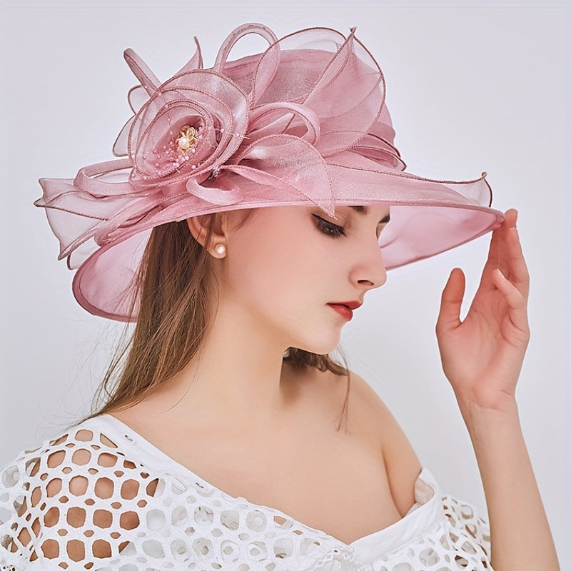 Mesh Flower Organza Sun Hat Wide Brim Derby Hat Solid Breathable Church Hat