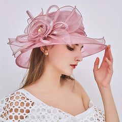 Mesh Flower Organza Sun Hat Wide Brim Derby Hat Solid Breathable Church Hat