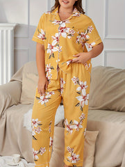 Floral Print Pajamas Set Short Sleeve Button Up Shirt & Pants