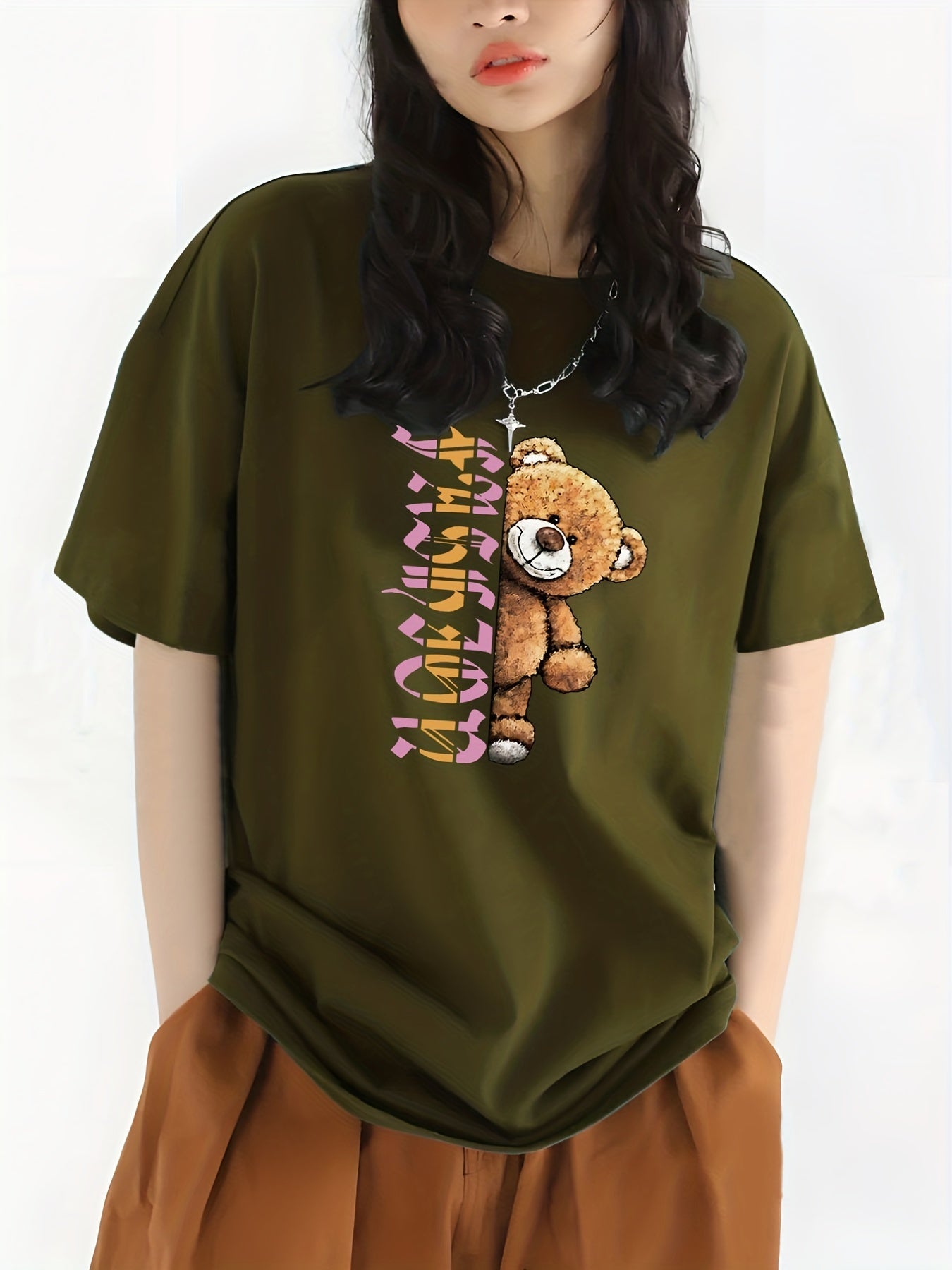 Letter & Bear Print Sports Top Crew Neck T shirt Women's Clothing