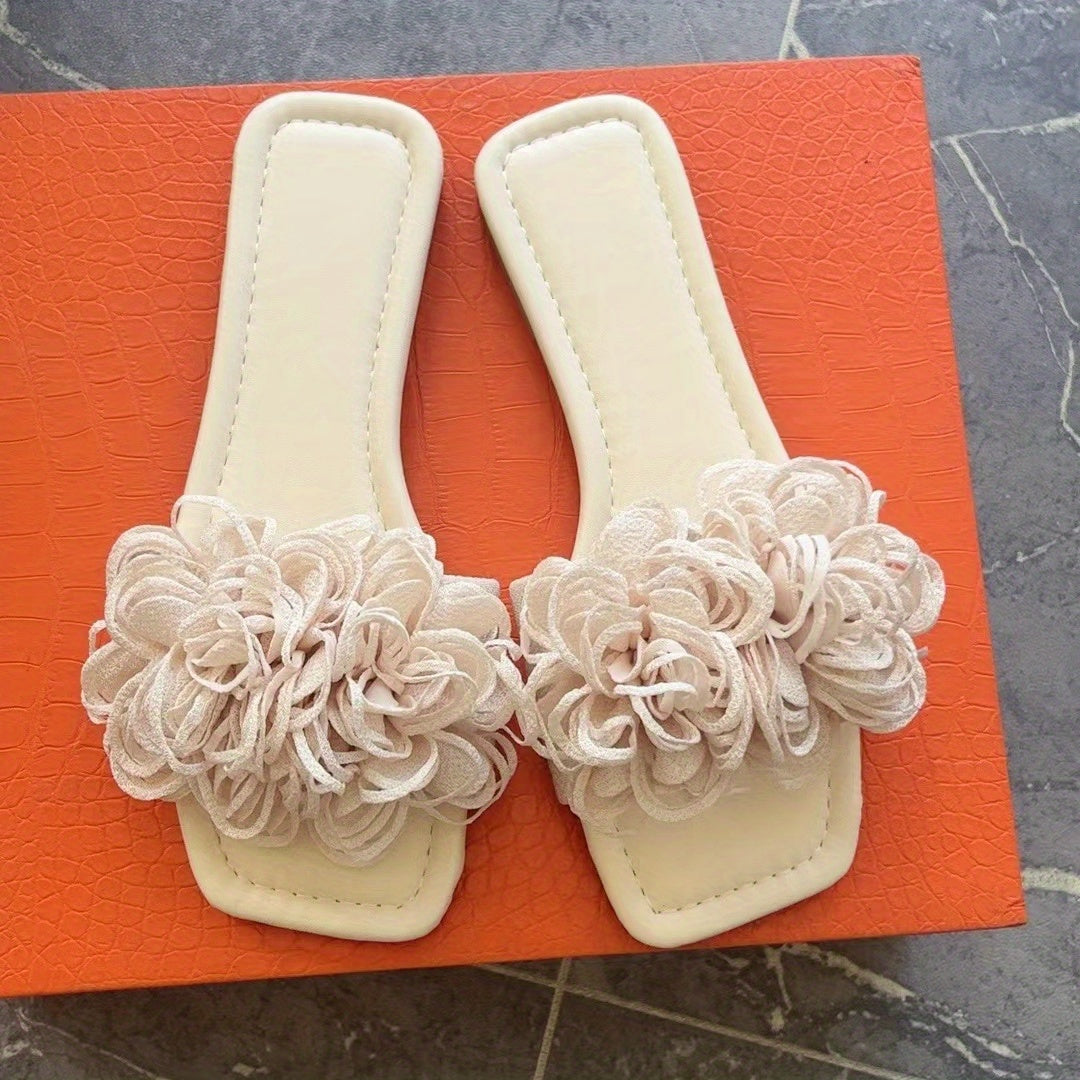 Women's Flower Slide Sandals Square Open Toe Flat Slides