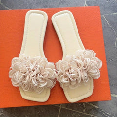 Women's Flower Slide Sandals Square Open Toe Flat Slides