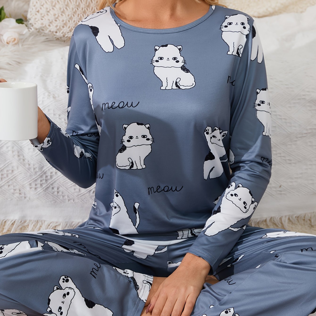 Cartoon Animal Pajama Set Long Sleeve Top & Pants Women's Sleepwear