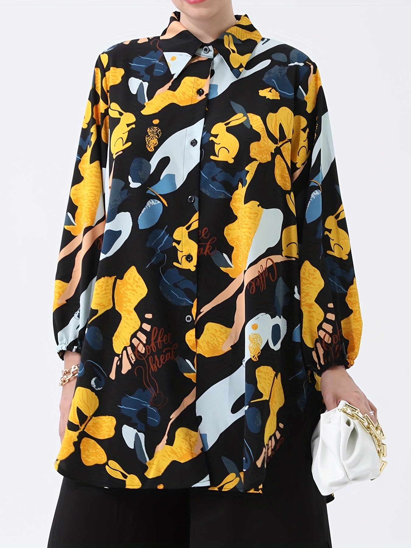 Geometric Print Button Up Collar Blouse