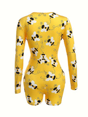 Bee Print Lounge Romper Long Sleeve V Neck Buttons Romper Women's Loungewear