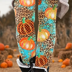 Halloween Boho Leggings Women's Plus Leopard & Pumpkin Print Leggings