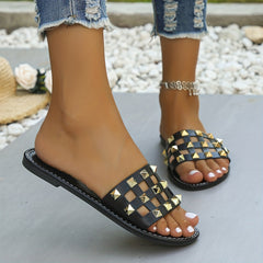 Women's Rivet Flat Slides Open Toe Slip On Slide Sandals