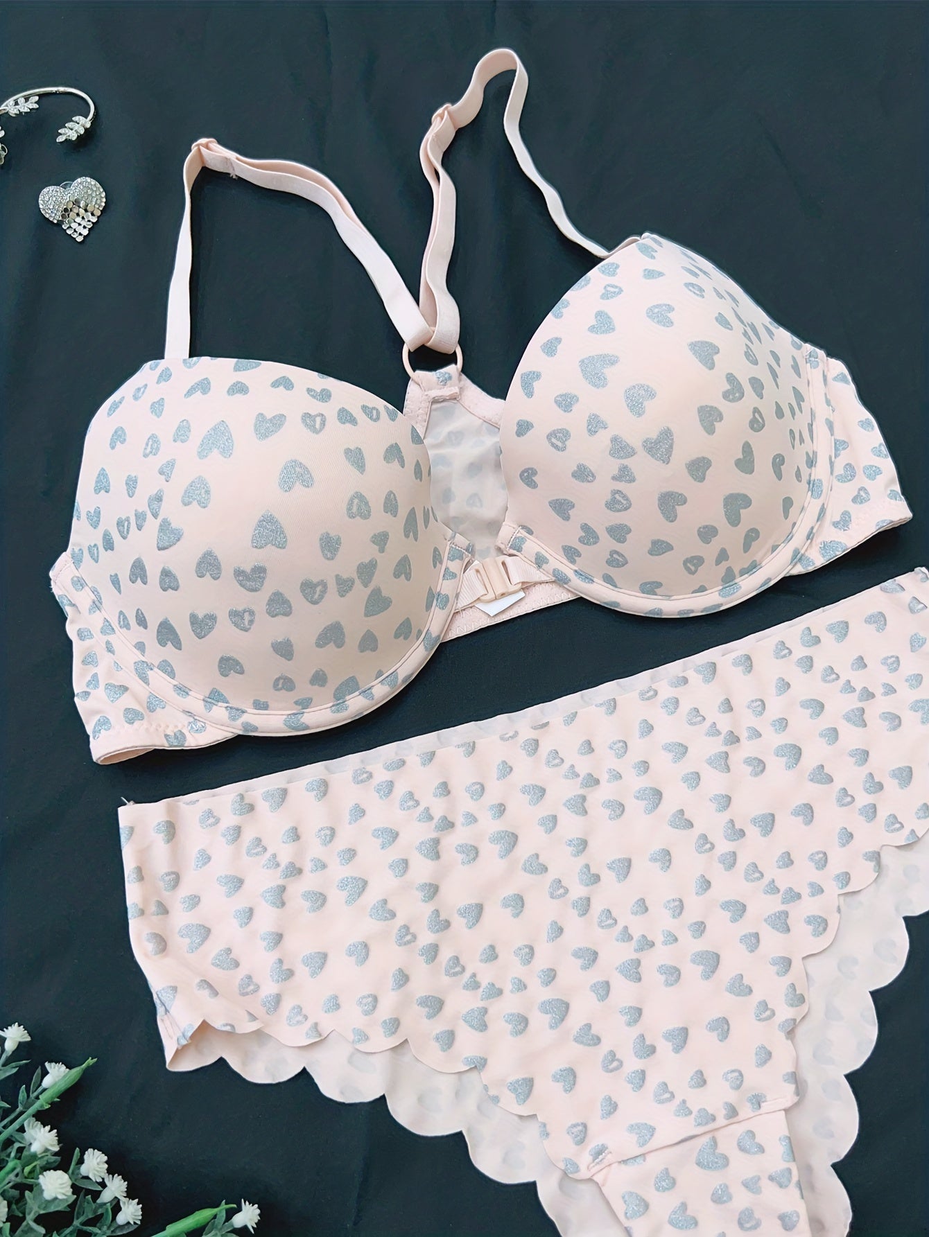 Heart Print Push Up Bra & Panties Lingerie Set