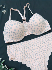Heart Print Push Up Bra & Panties Lingerie Set
