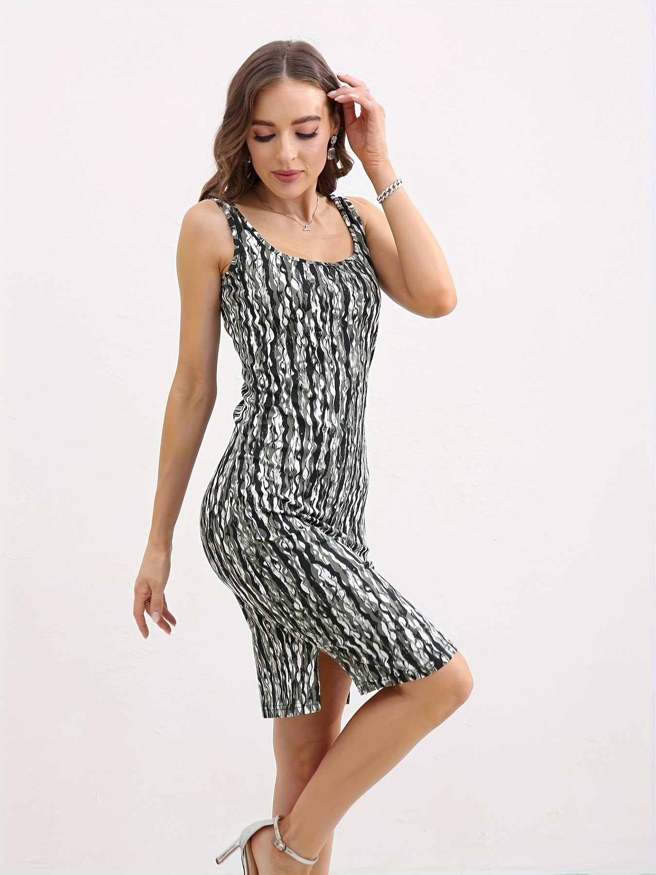 Striped Print Split Dress Sleeveless Tank Dress