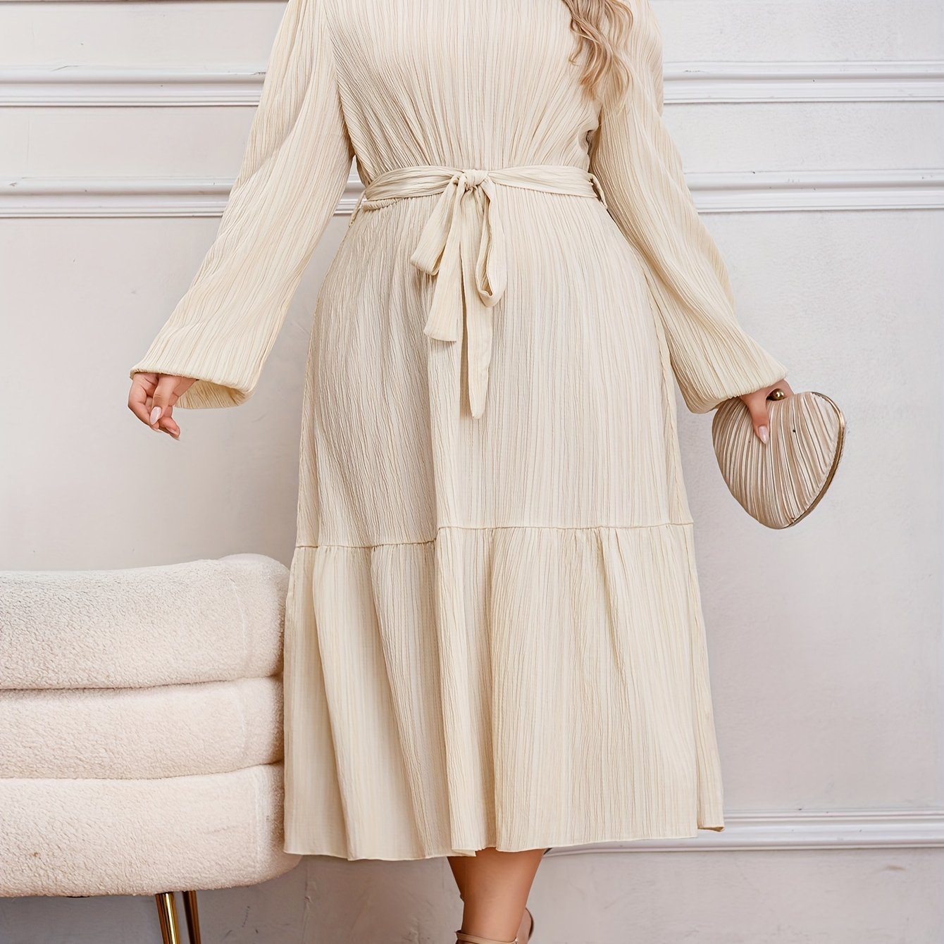 Solid Long Sleeve Midi Dress with Belt