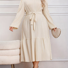 Solid Long Sleeve Midi Dress with Belt