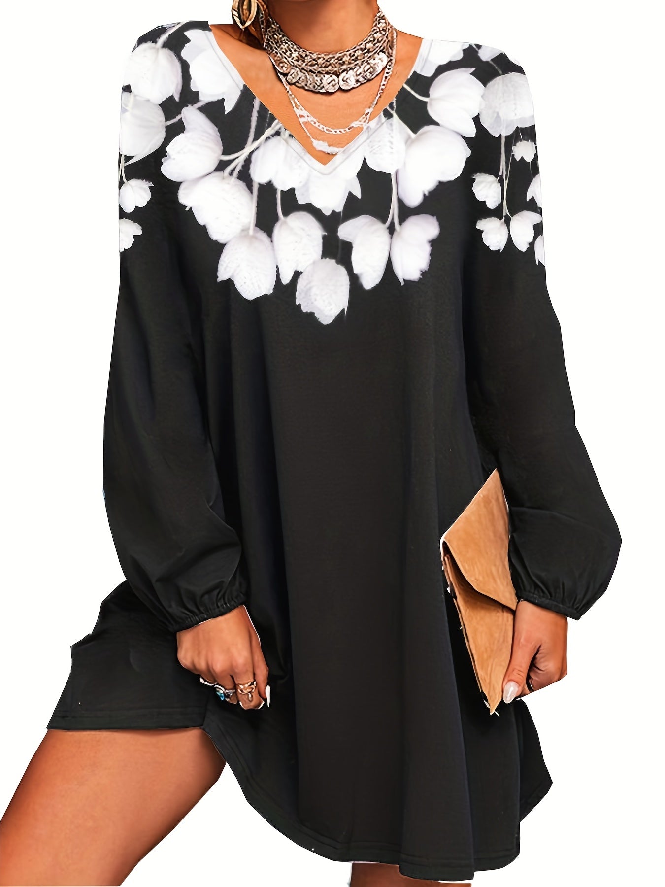 Floral V Neck Dress Long Sleeve Casual Summer