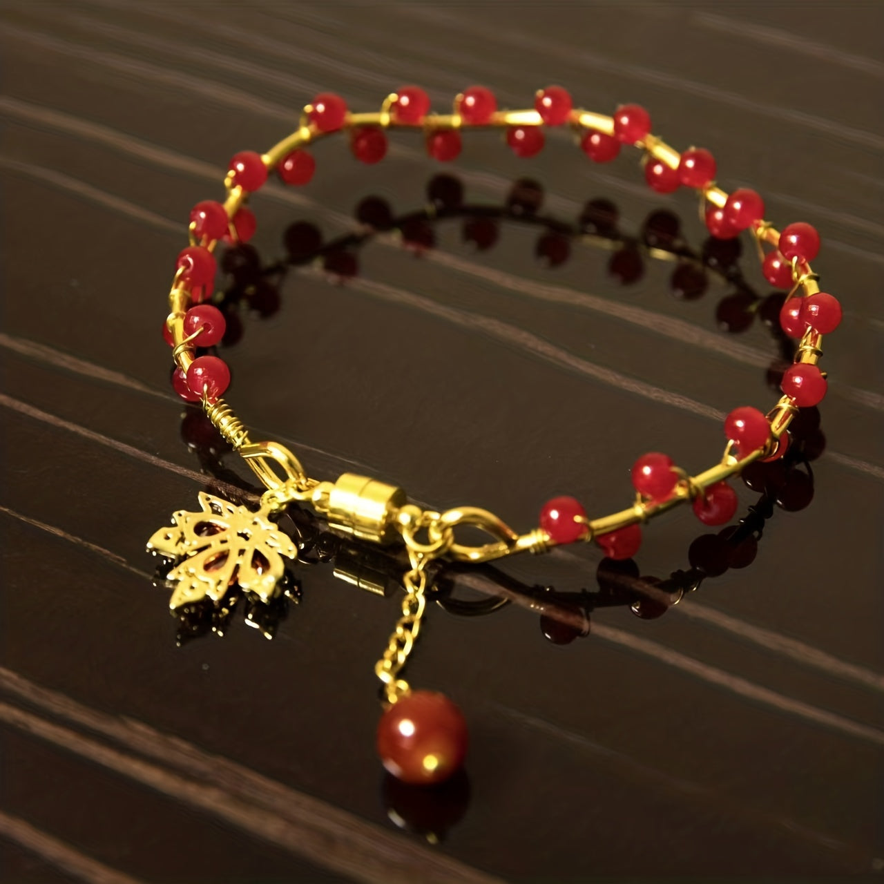 Red Bead Maple Leaf Bracelet for Girlfriend - Wedding Party Graduation Gift
