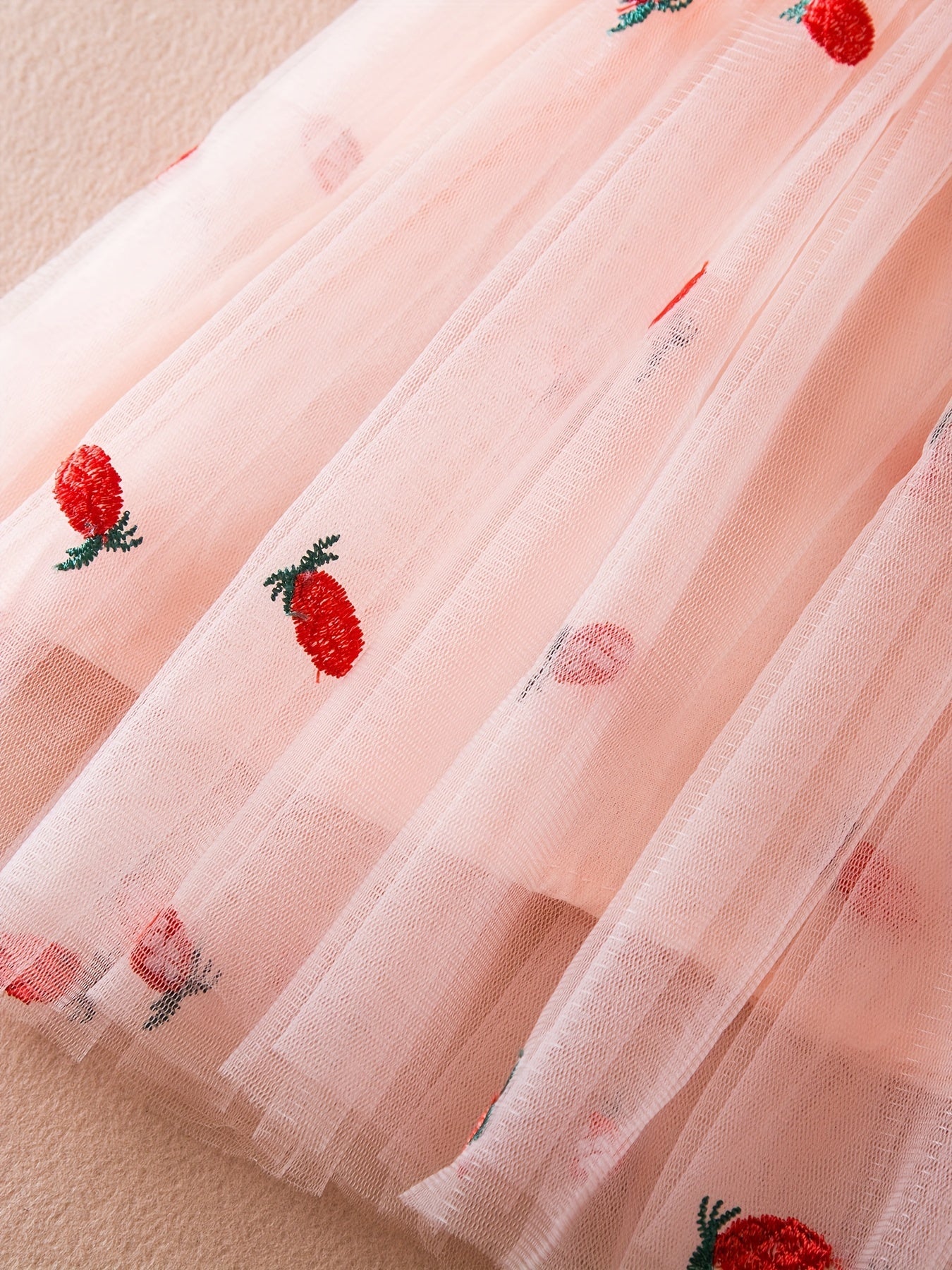 Toddler Girls Strawberry Embroidery Mesh Puffy Dress