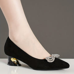 Rhinestone & Bow Chunky Heel Pointed Pumps