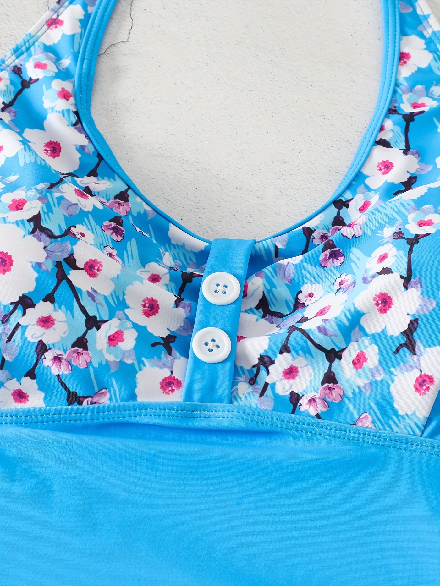 Modest Tankini Set Women's Plus Floral Print Button Decor Lace Up Halt