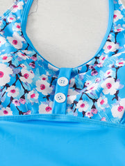 Modest Tankini Set Women's Plus Floral Print Button Decor Lace Up Halt