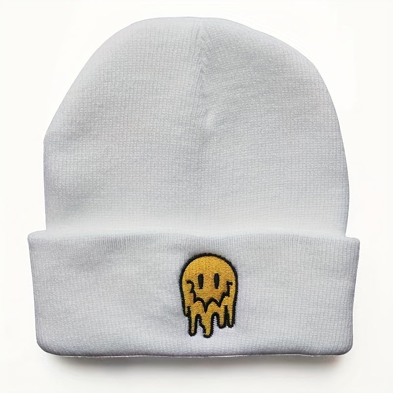 Ear Protection Knit Beanie Hat With Melting Smiley Face Embroidery