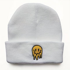 Ear Protection Knit Beanie Hat With Melting Smiley Face Embroidery