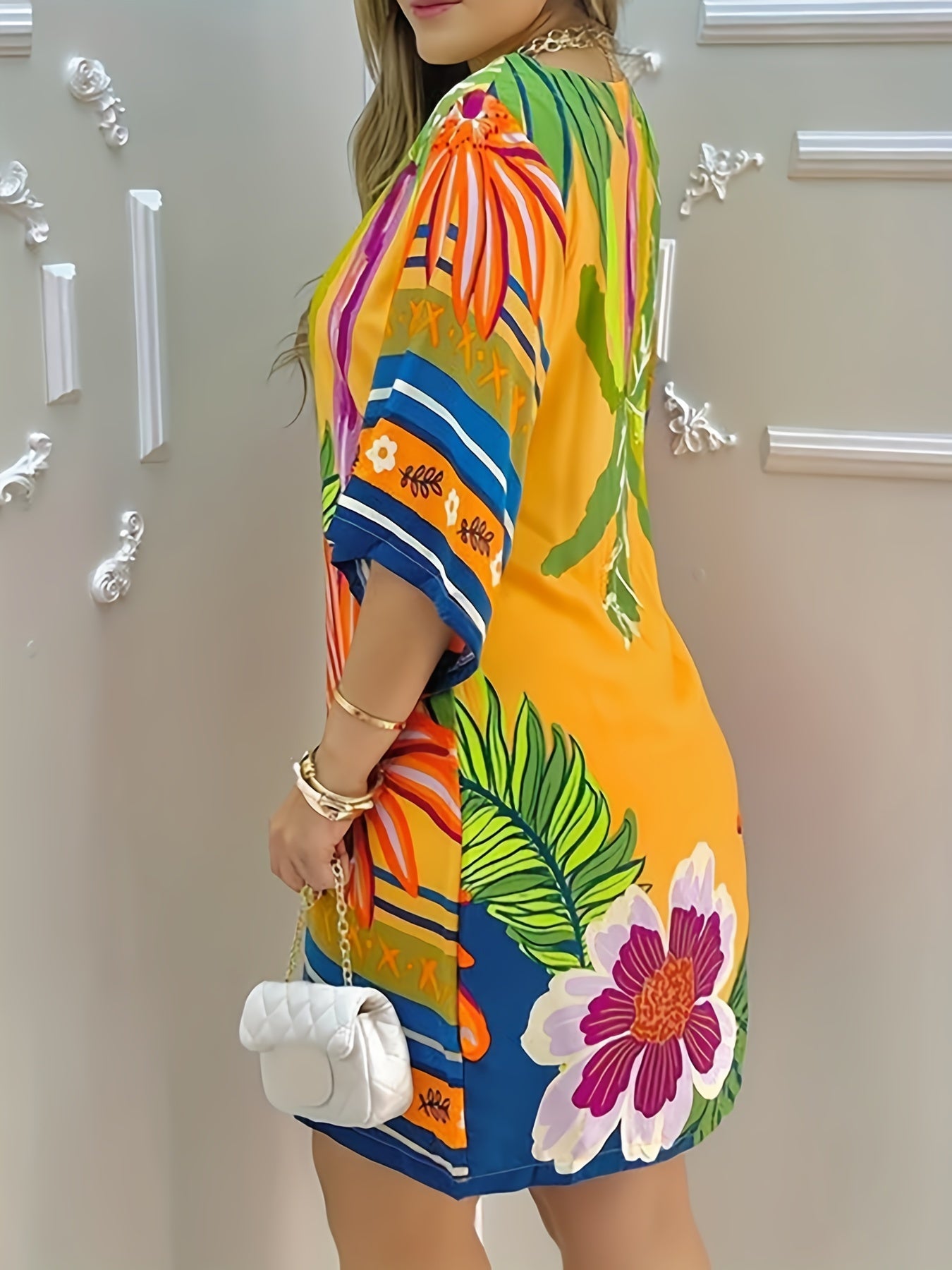Tropical Print Crew Neck Dress Casual Short Sleeve Dress