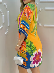 Tropical Print Crew Neck Dress Casual Short Sleeve Dress