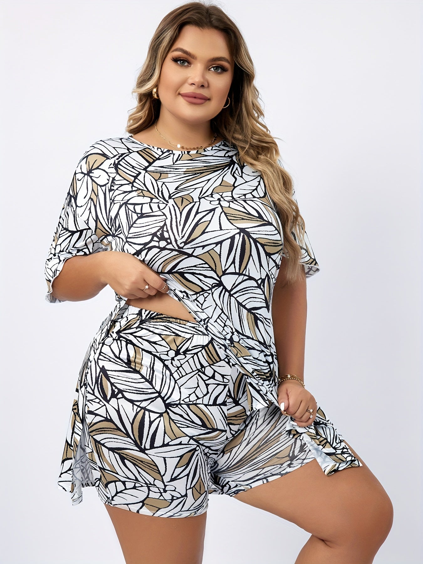 Leaf Print Lounge Set Short Sleeve Top & Shorts Pajama Two Piece