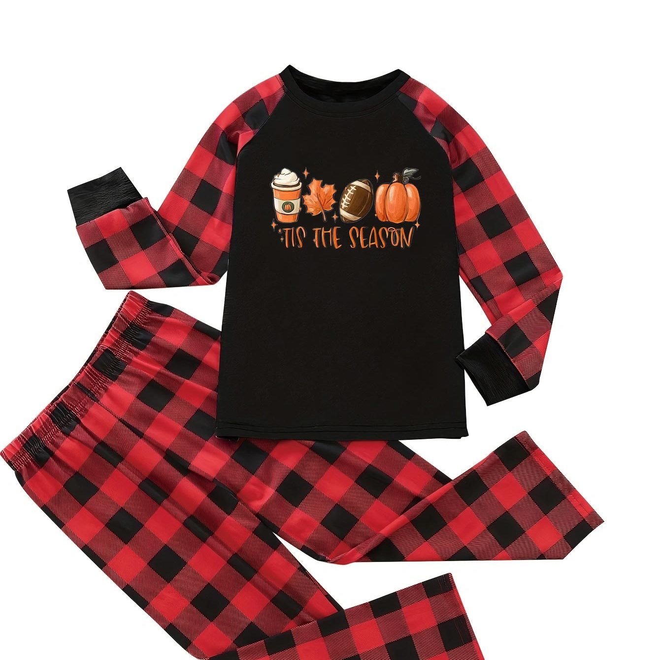 Colorblock Gingham & Letter Print Pajama Set