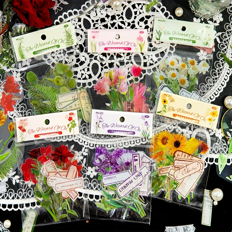 16 Plants Flowers Collage Stickers Bronzing Pet Materials