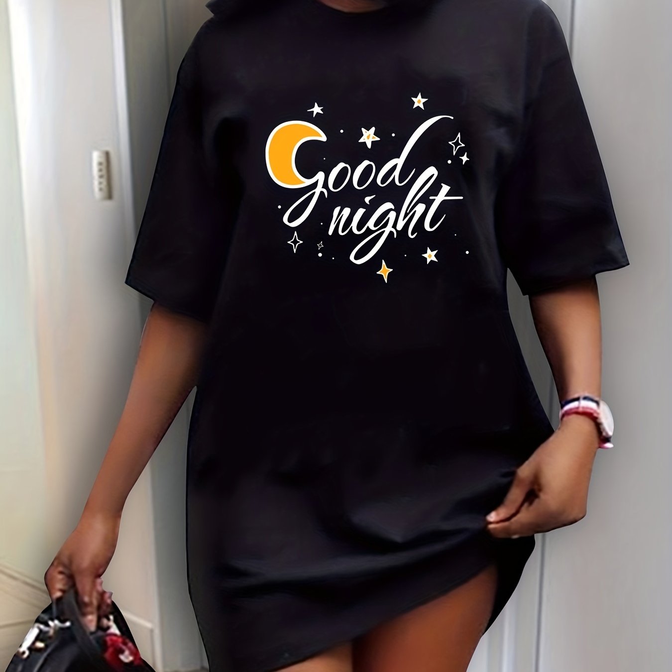 Moon & Letter Print Sleep Dress Short Sleeve Round Neck Nightdress