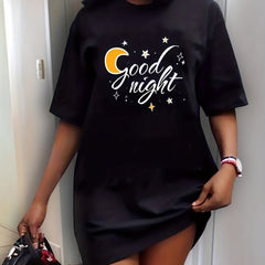 Moon & Letter Print Sleep Dress Short Sleeve Round Neck Nightdress