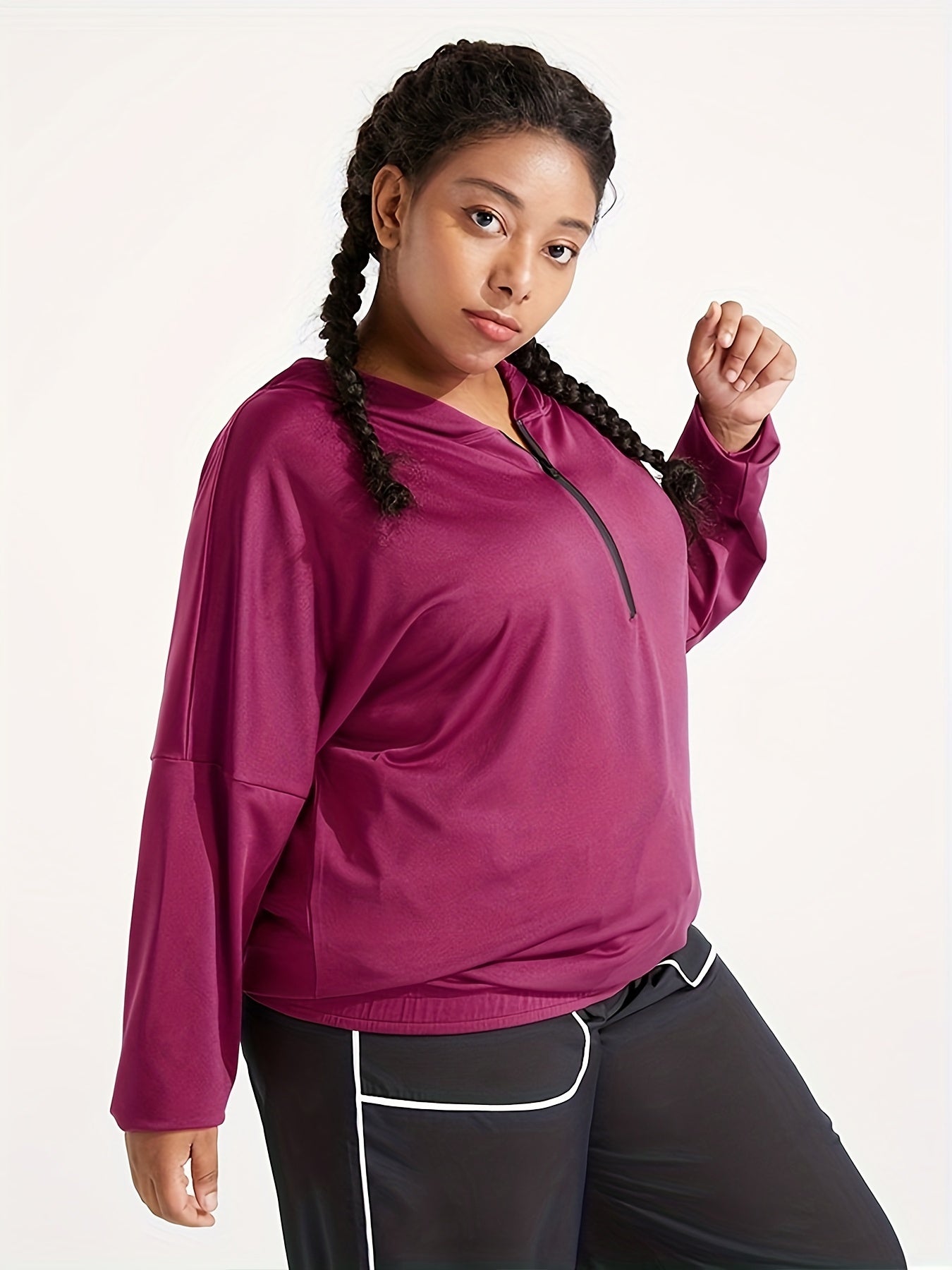 Women's Plus Solid Zipper Long Sleeve Hoodie