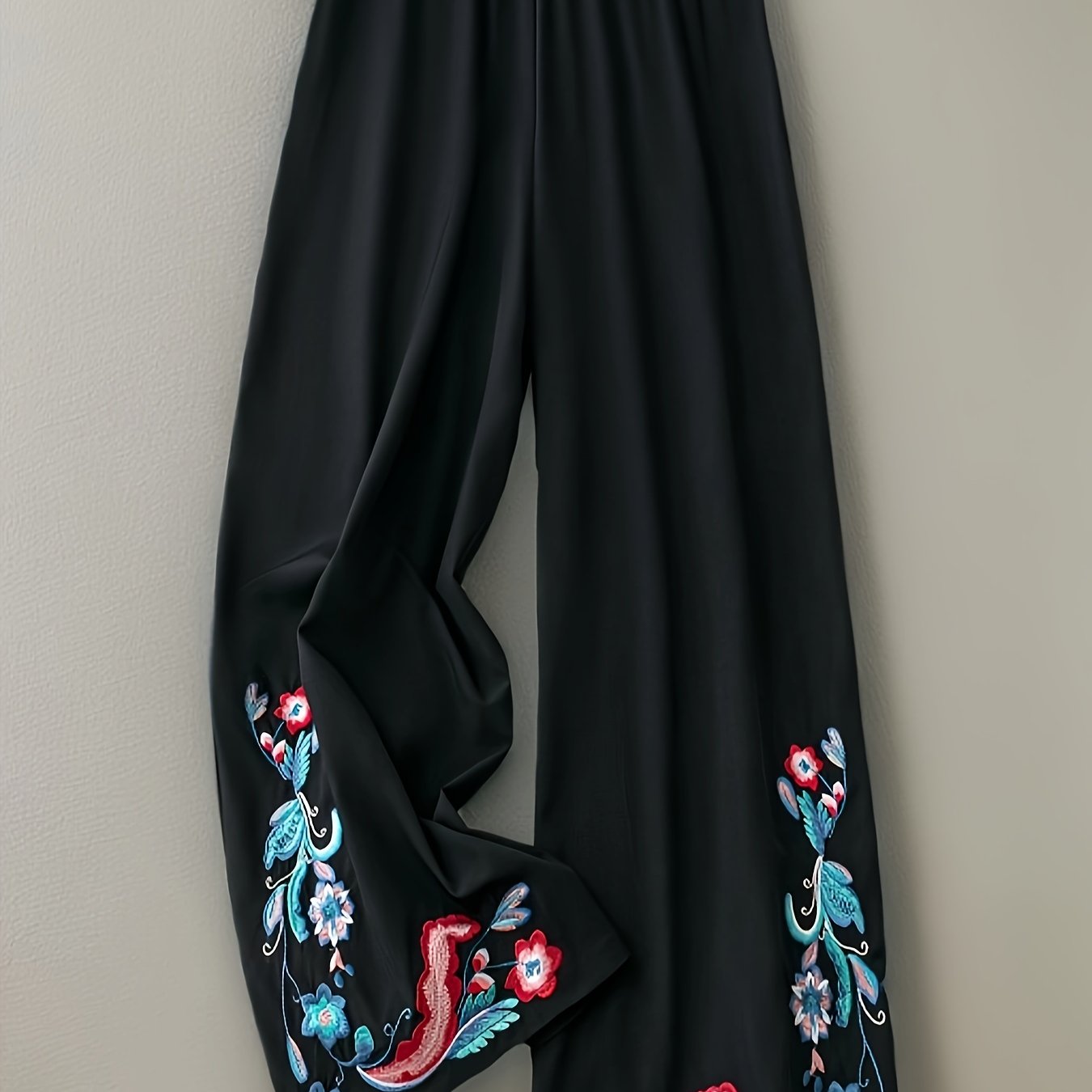 Ethnic Style Pants Women's Plus Floral Embroidery Wide Leg Trousers