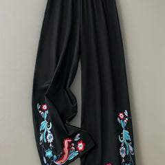 Ethnic Style Pants Women's Plus Floral Embroidery Wide Leg Trousers