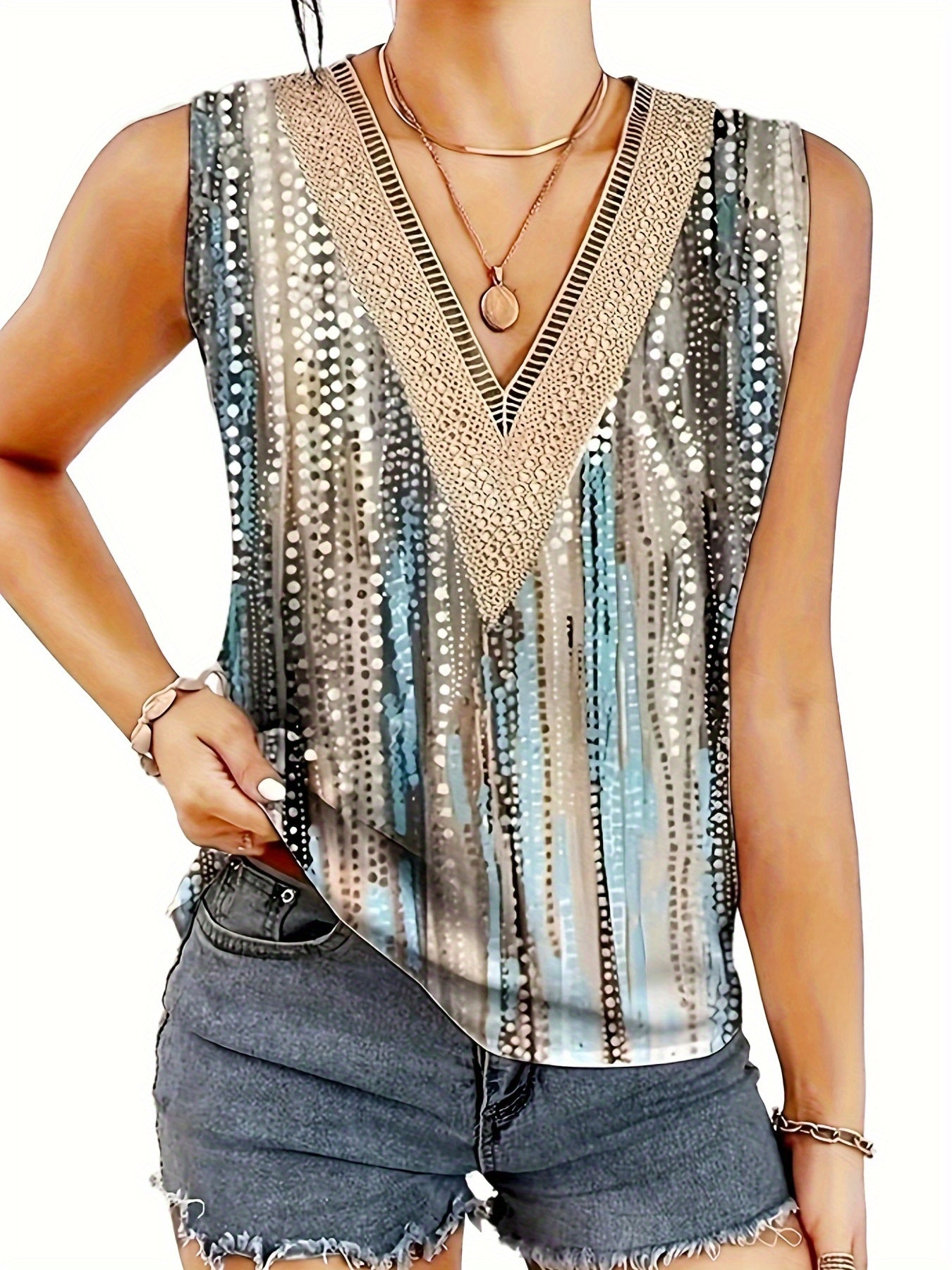 Boho Tank Top Women's Plus Random Print V Neck High Stretch Tank Top