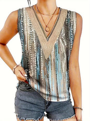 Boho Tank Top Women's Plus Random Print V Neck High Stretch Tank Top