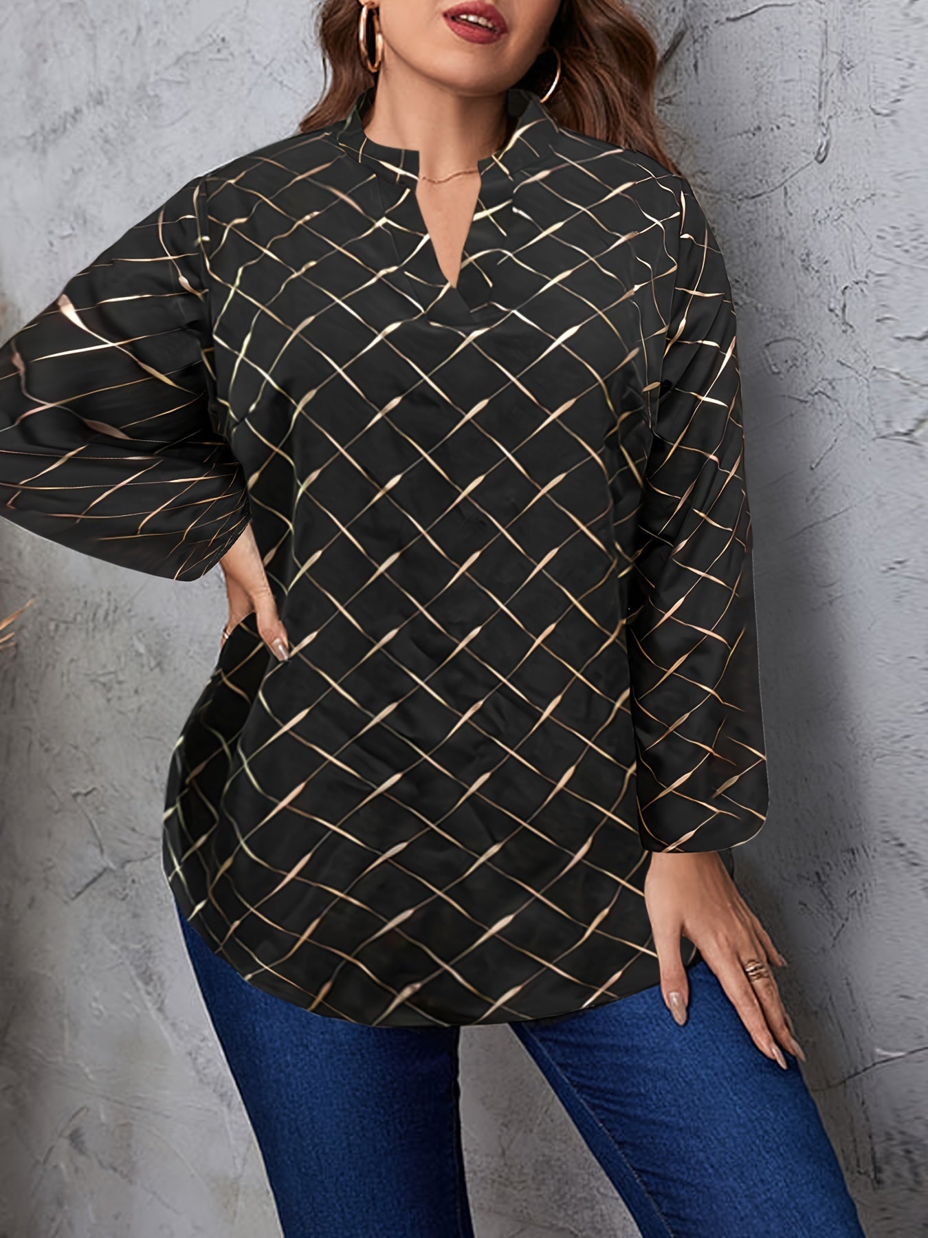 Golden Argyle Print Lantern Sleeve Loose Fit Shirt Top