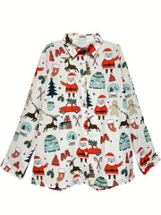 Christmas Blouse Women's Plus Santa Claus & Gift Print Shirt Top