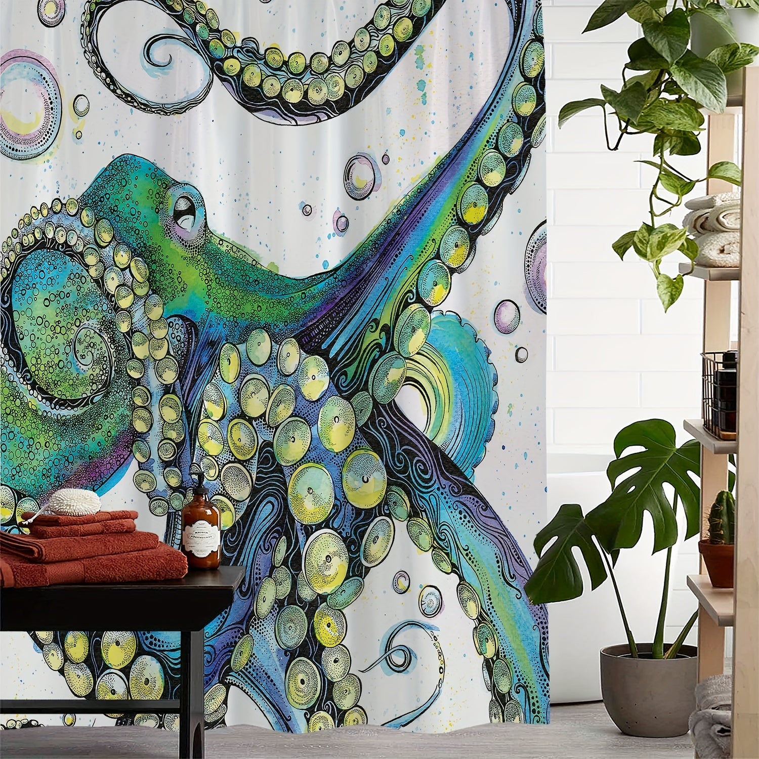 Waterproof Octopus Shower Curtain with 12 Hooks for Bathroom Decor