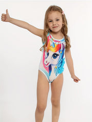 Toddler Girl's Unicorn Pattern Onesie Swimsuit Mesh Ruffle Tankini