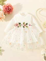 Infant Baby Girls Long Sleeves Flower Embroidery Tulle Dress