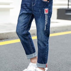 Boys Casual Letter Print Denim Long Pants With Pocket