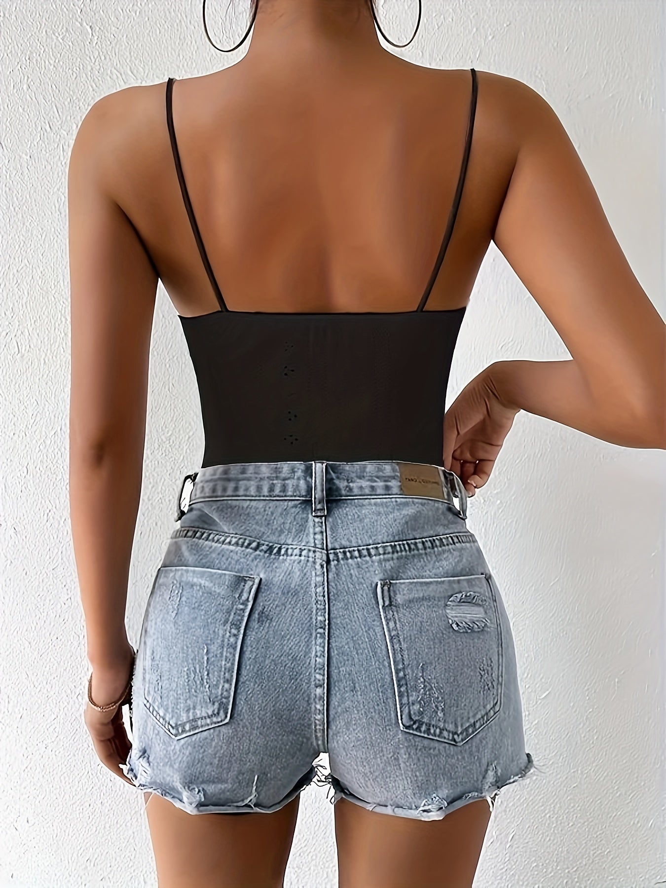 Eyelet Embroidered Cami Bodysuit Solid Skinny Summer Women's Clothing