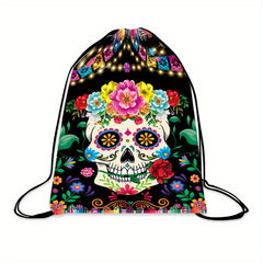 Halloween Skull Gym Swim Drawstring Backpack Bags Portable Storage Bag