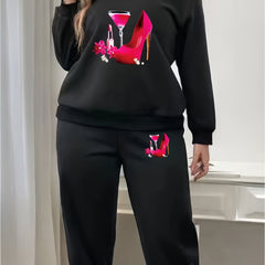 Women's Plus High Heel & Lipstick & Wine Glass Print Sweatshirt & Jogger